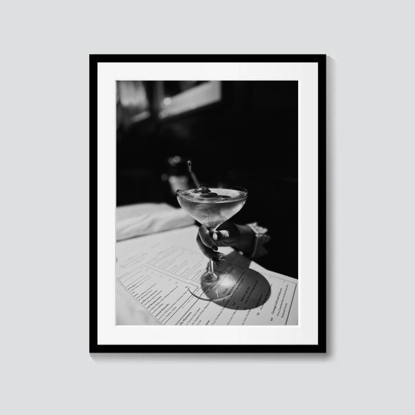 Originele zwart-wit Martini print, digitale download, Martini/cocktail kunst aan de muur, zwart-wit fotografie, Martini print