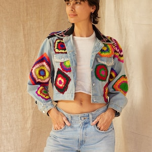 Vintage 80’s JouJou America’s Favorite Rainbow Cropped Crochet Denim Jacket | S