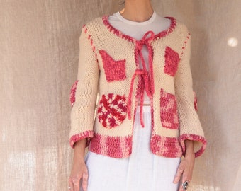 Vintage Handmade Love Crochet Pink Cream Knit Sweater Cardigan