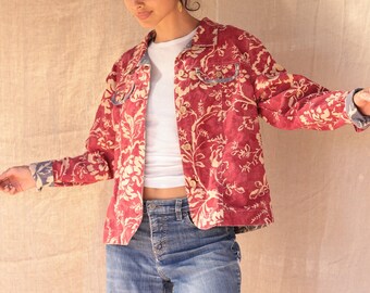 Vintage Coldwater Creek Red Blue and Cream Cotton Button Up Jacket with Tropical Flowers | M