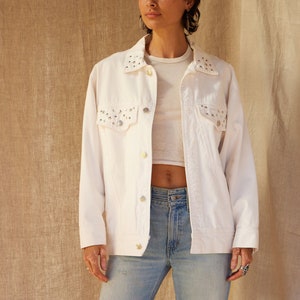 Vintage 80&#39;s Don&#39;t Stop White Denim Star Studded White Denim Jacket | M