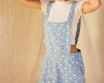 Vintage Y2K Parisian Collection Blue Dainty Floral Short Overalls Adjustable | M