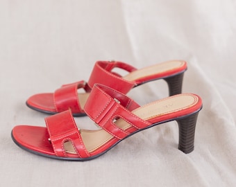 Vintage Anne Klein Bobbins, Red Heeled Sandals with Silver Buckles | Women's 6
