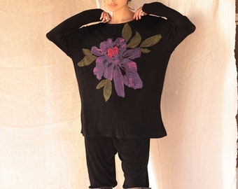 Vintage 80's Carole Little Black Floral Blouse & Pant Set Stretchy | M/L
