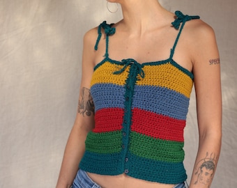 Vintage RARE 70's Gil Aimbez Genre Rainbow Primary Color Crochet Tank Top | M