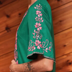 Vintage 70's Green And Pink Embroidered Kaftan Bohemian Dress image 8