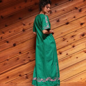 Vintage 70's Green And Pink Embroidered Kaftan Bohemian Dress image 6