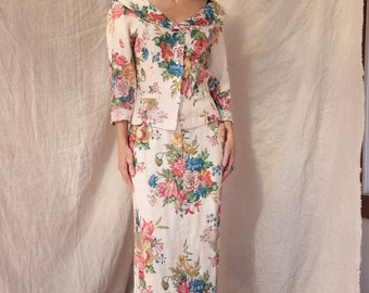 Vintage 80's Adrienne Vittadini 100% Linen Floral Blazer & Skirt Set