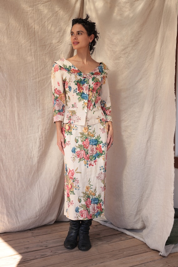 Vintage 80 s Adrienne Vittadini 100 Linen Floral Blazer Skirt Set Etsy