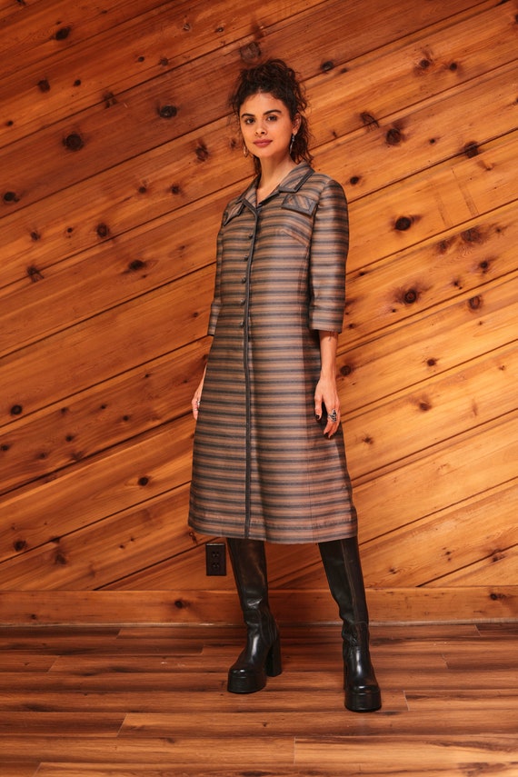 Vintage 60's/70's Mod Brown And Gray Striped Coat… - image 1