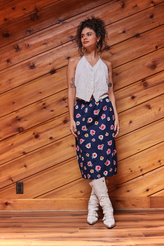 Vintage 80's Navy Blue Floral Pencil Skirt - image 4