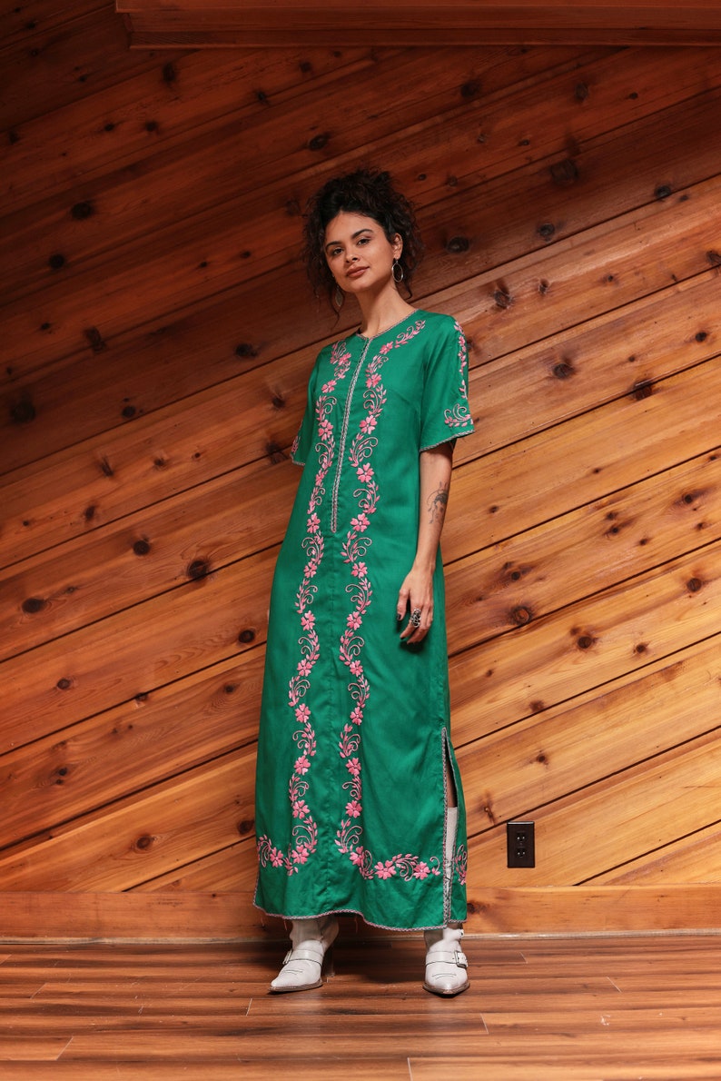 Vintage 70's Green And Pink Embroidered Kaftan Bohemian Dress image 3