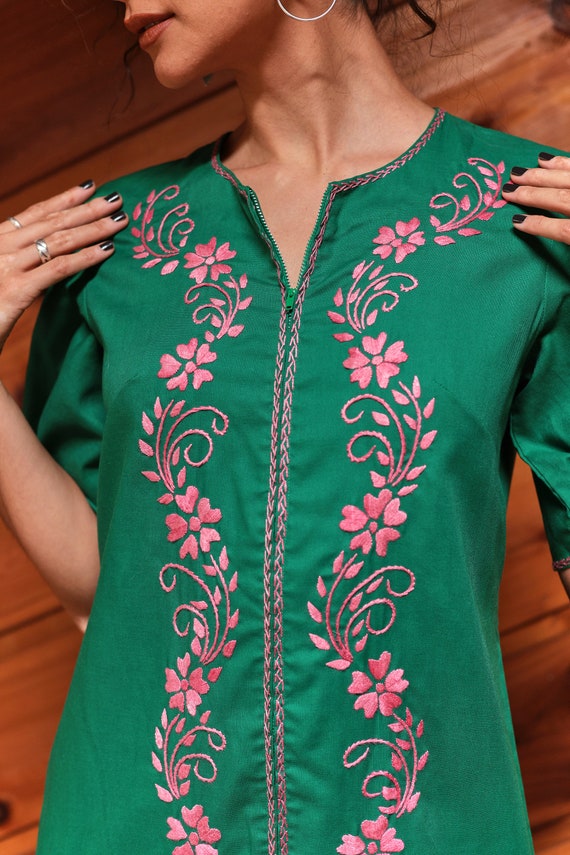 Vintage 70's Green And Pink Embroidered Kaftan Bo… - image 7