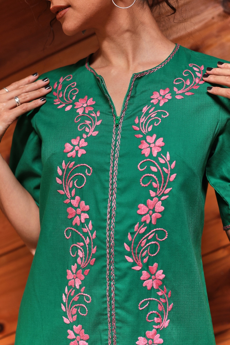 Vintage 70's Green And Pink Embroidered Kaftan Bohemian Dress image 7