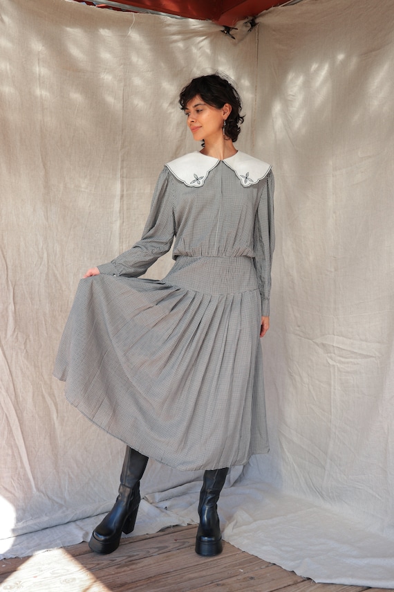 Vintage 80's Donna Morgan Collared Gingham Maxi D… - image 1