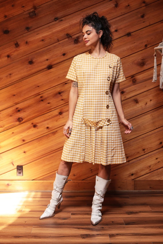 Vintage 60s Mod Scooter Dress Yellow Gingham Drop… - image 1