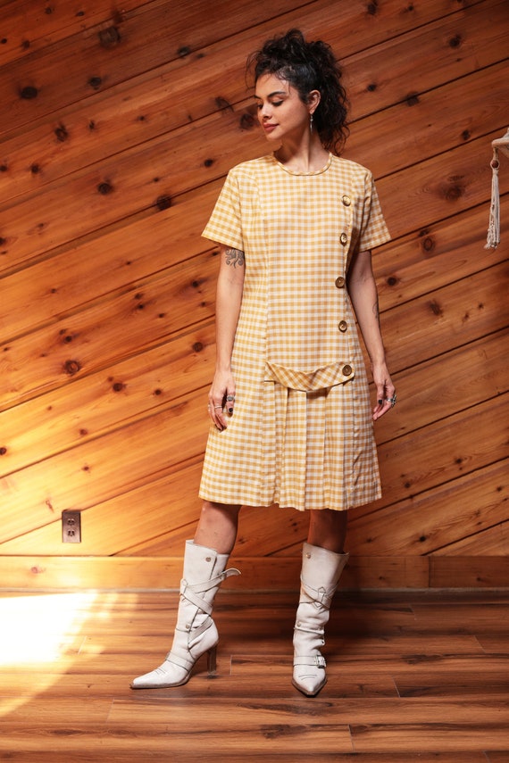 Vintage 60s Mod Scooter Dress Yellow Gingham Drop… - image 2