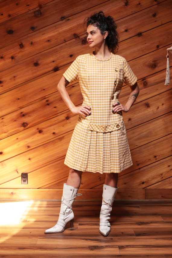 Vintage 60s Mod Scooter Dress Yellow Gingham Drop… - image 3