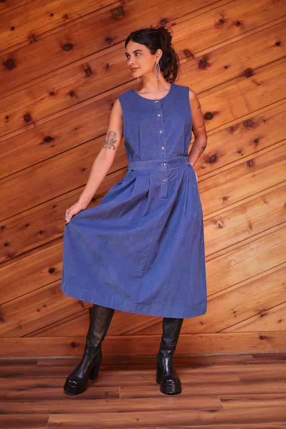 Vintage 80's Blue L L Bean Corduroy Pinafore Dress