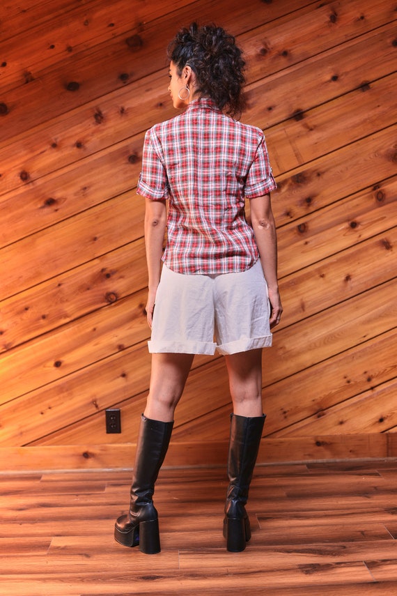 Vintage 60s-70s Red Plaid Shirt Button Down Blouse - image 4