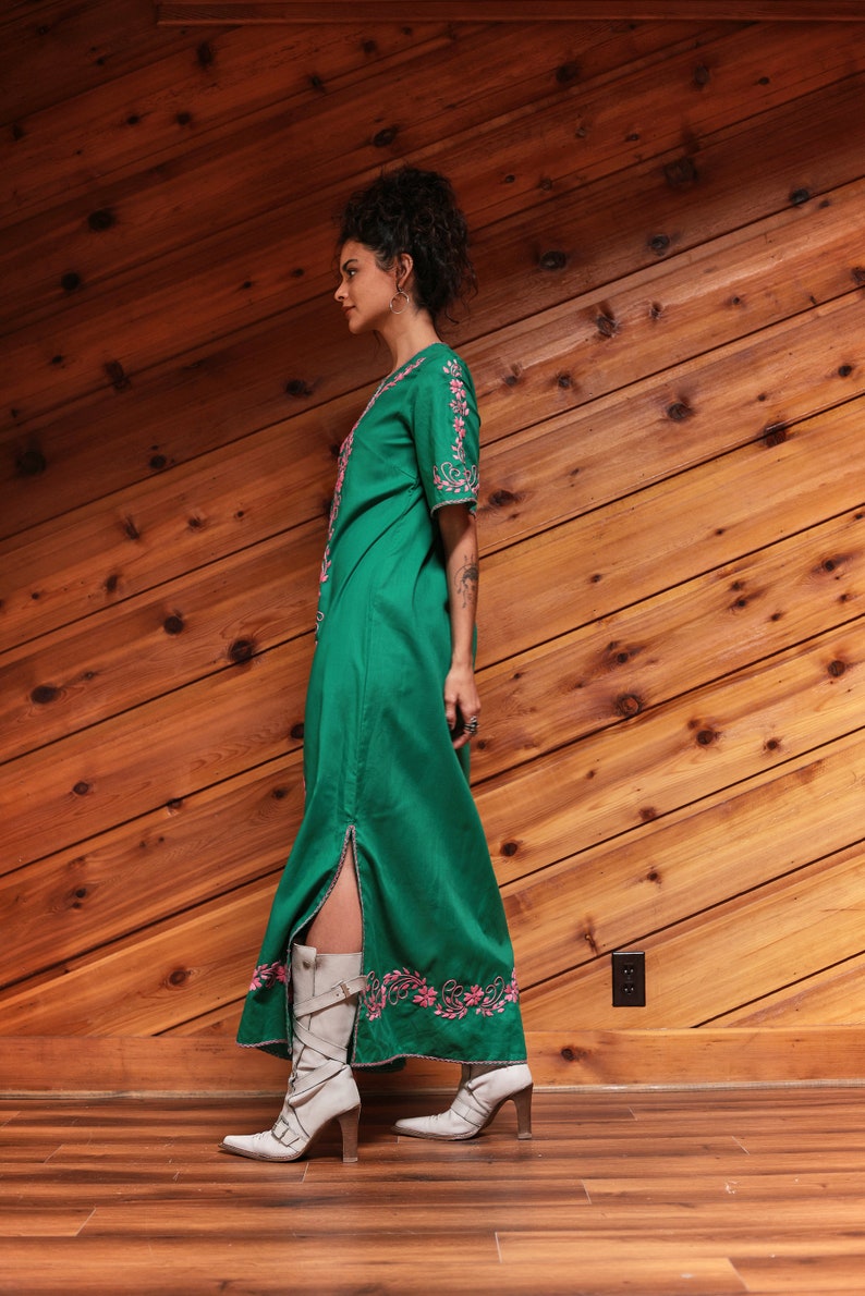 Vintage 70's Green And Pink Embroidered Kaftan Bohemian Dress image 4