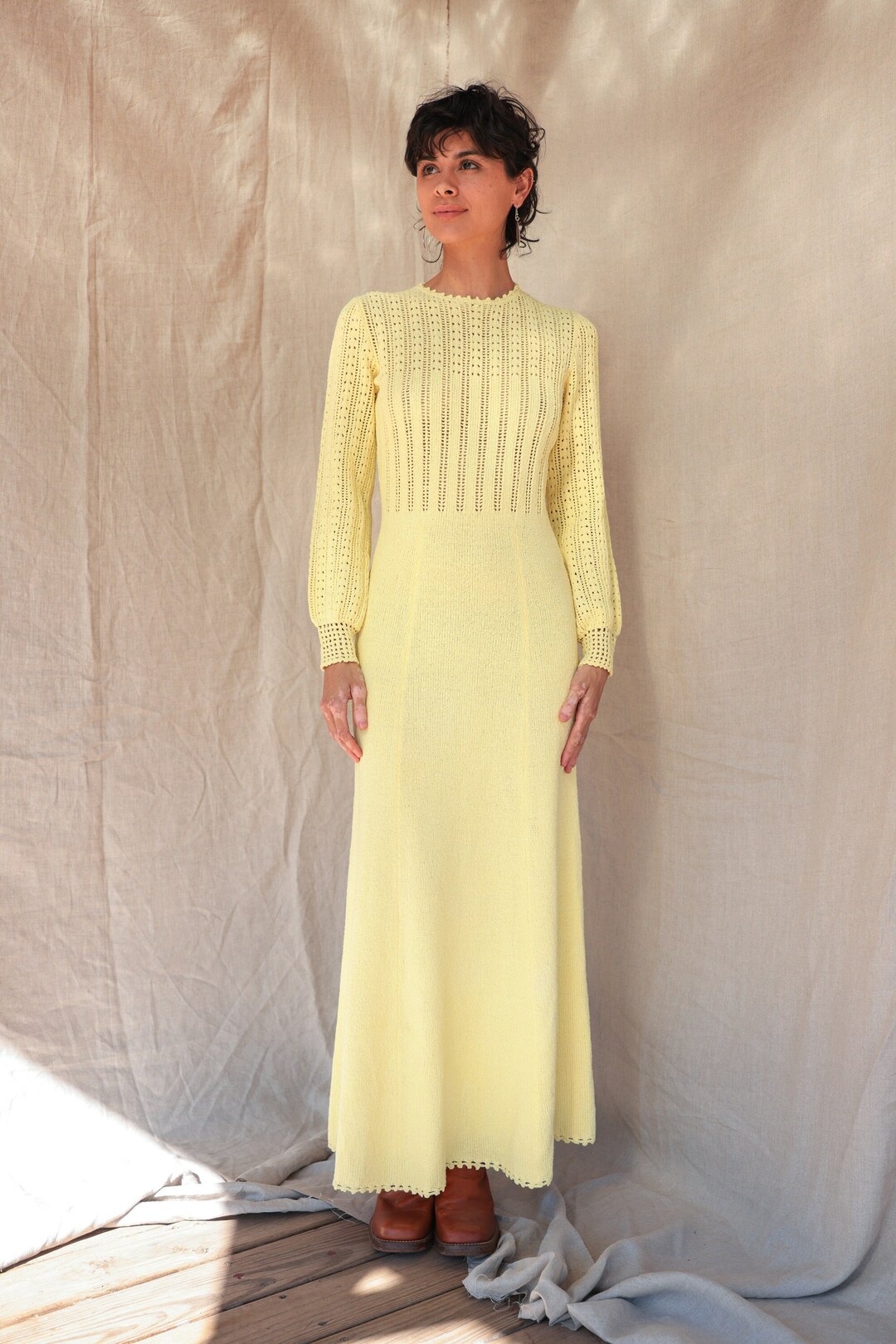 70'S Picardo Knits Crochet Knit High Neck Maxi Length Long Sleeve Flare Dress Women's M Vintage /eaa447202