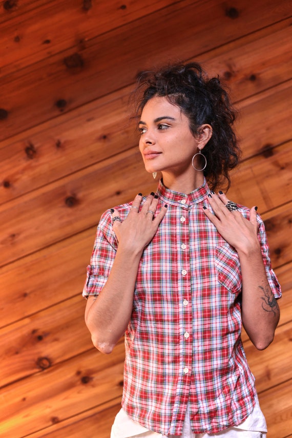 Vintage 60s-70s Red Plaid Shirt Button Down Blouse - image 5