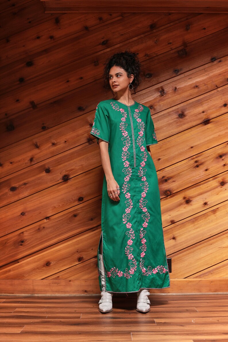 Vintage 70's Green And Pink Embroidered Kaftan Bohemian Dress image 1