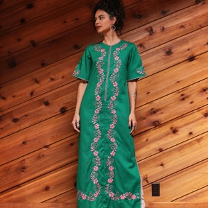 Vintage 70's Green And Pink Embroidered Kaftan Bohemian Dress image 2