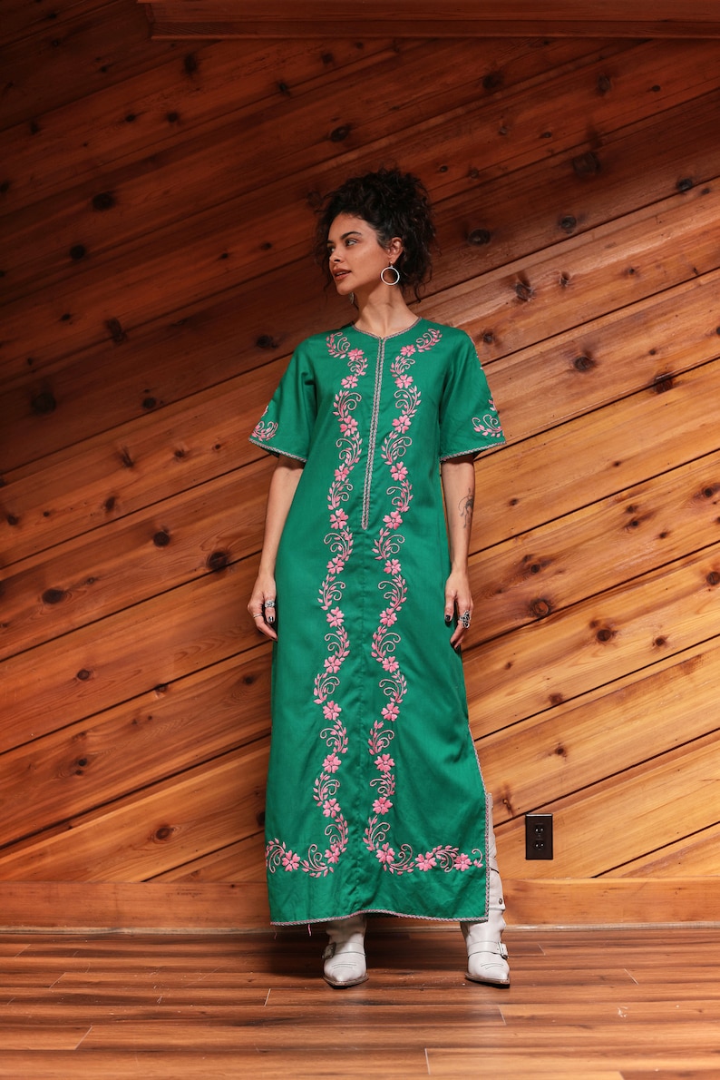 Vintage 70's Green And Pink Embroidered Kaftan Bohemian Dress image 2