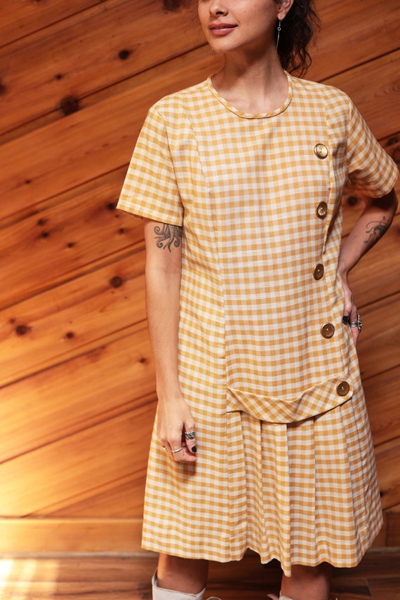 Vintage 60s Mod Scooter Dress Yellow Gingham Drop… - image 6