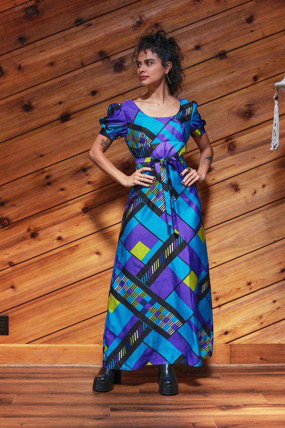 Vintage 70's Blue Op Art Geometric Maxi Dress Mod 