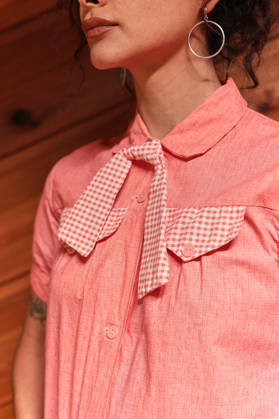 Vintage 50s Coral Peach and Gingham Shift House D… - image 6