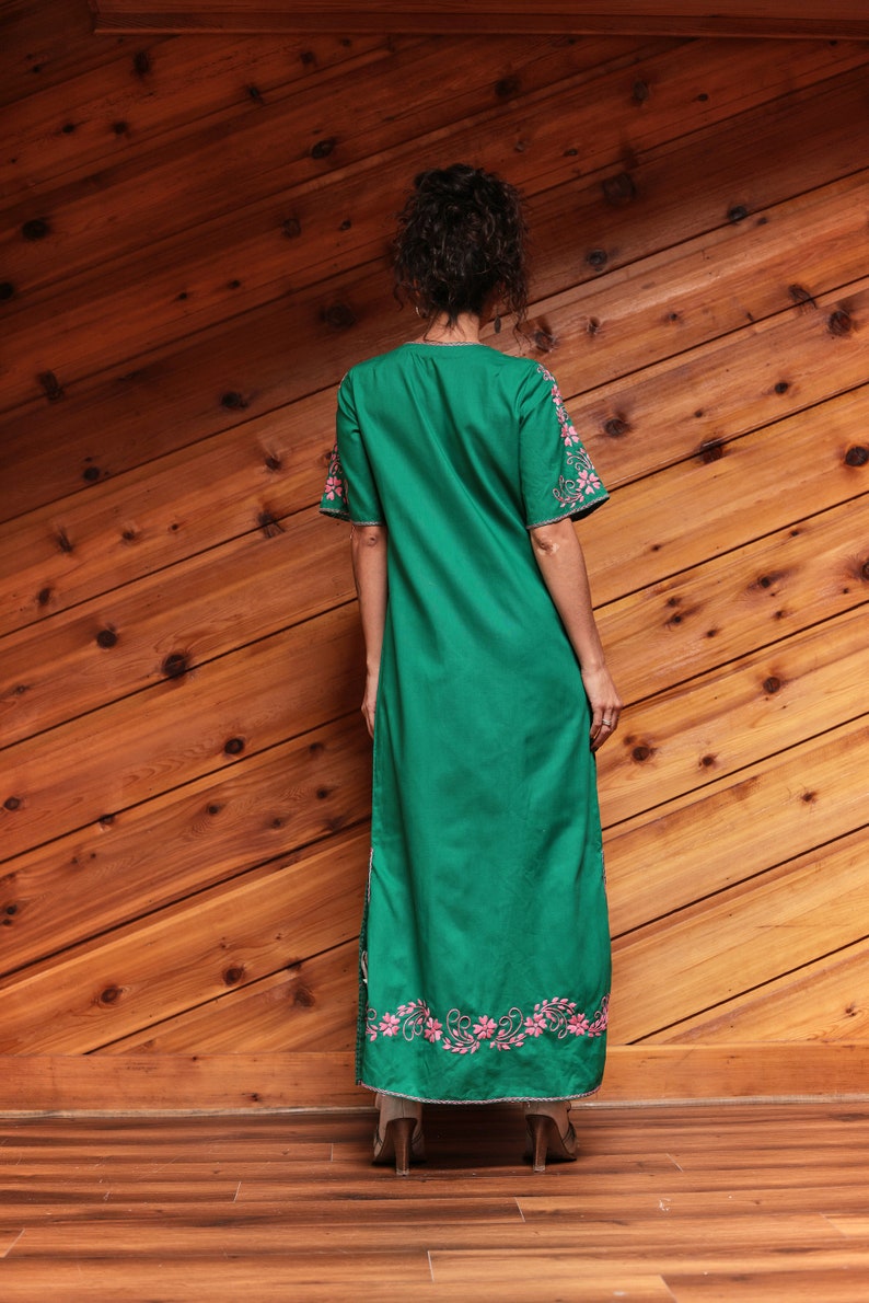 Vintage 70's Green And Pink Embroidered Kaftan Bohemian Dress image 5