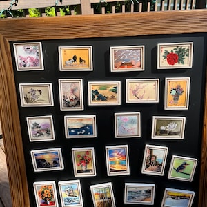 Puede incluir: Una colección de pequeñas obras de arte enmarcadas, cada una con un diseño único de paisaje o floral. Los marcos son blancos y el fondo es negro. El marco exterior de madera es marrón.