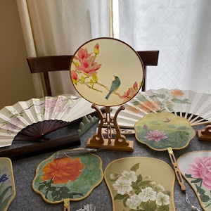 Hand painted Silk Fan. Original Chinese brush Painting by Alice. Painted on Silk.chinese/Japanese style Ink brush paining/cherry blossom/peo