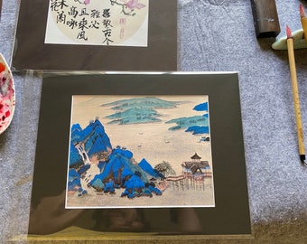 Alice&#39;s original ChinesJapanese brush painting prints with Mat board frame/art prints/gift. Cherry blossom/landscape/flowers/lake/rock/swan/