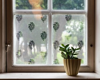 PVC-free botanically inspired block print, privacy window film, gorgeous nature print etched decorative window film, eco-friendly film