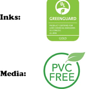 May include: Green and white GreenGuard Gold certification label with the text "PRODUCT CERTIFIED FOR LOW CHEMICAL EMISSIONS UL.COM/GG UL 2818 GOLD". A green circle with a leaf inside and the letters "UL" in white. A green circle with a leaf inside and the text "PVC FREE".