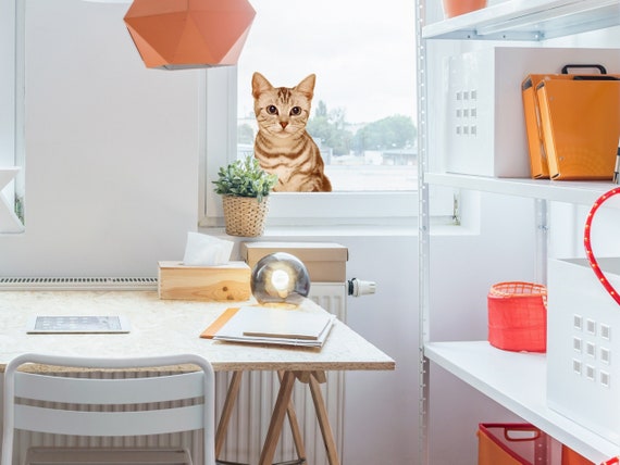 Tan Striped Cat Window Cling, Peeking Kitty Decal