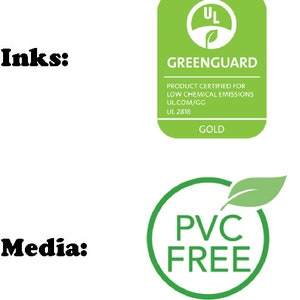May include: Green and white GreenGuard Gold certified label with the text "UL.COM/GG" and "UL 2818". A green circle with a leaf inside and the text "PVC FREE" with a green leaf on the right.
