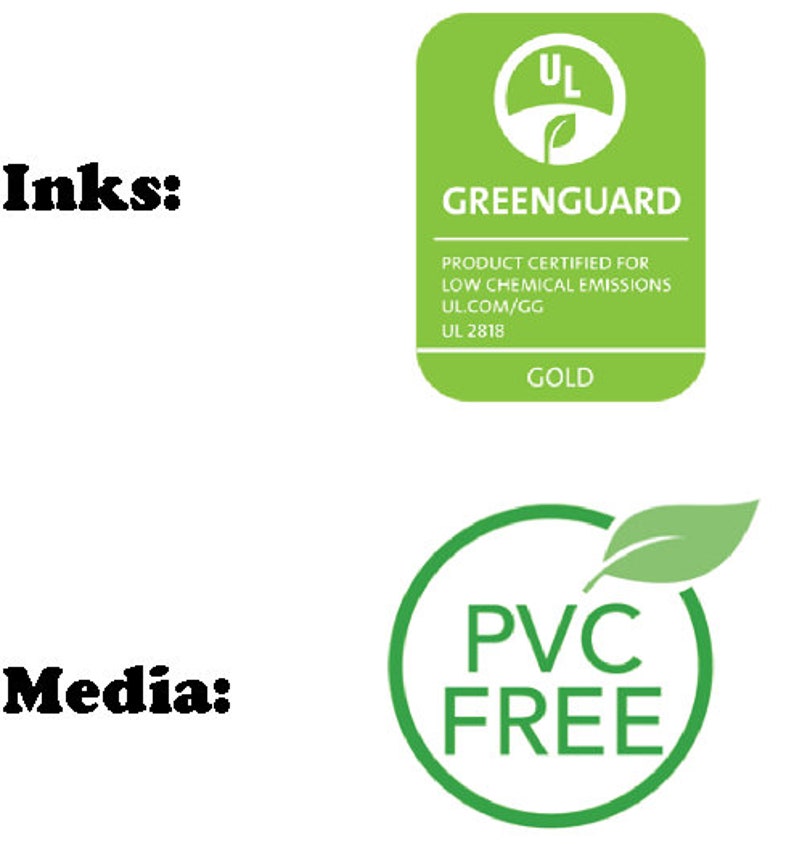 May include: Green and white GreenGuard Gold certified label with the text "UL.COM/GG" and "UL 2818". A green circle with a leaf inside and the text "PVC FREE" with a green leaf on the right.