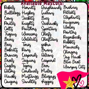 May include: A list of school mascots in a handwritten style, including Rebels, Hornets, Greyhounds, and Brahmas. The text is in black, with a pink and black border and decorative elements.