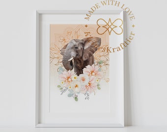 Elefant | Poster DIN A3 | Krafttier | Seelentier | Blumen | Natur | Kinderzimmer | Deko | Wanddeko | Druck | Kunstwerk