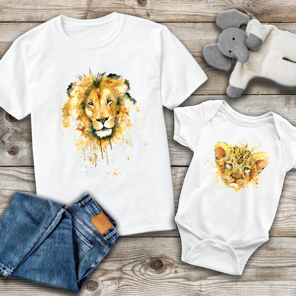 Camicie abbinate Lion & Baby Lion Cub, Body Baby Grow, Set papà e bambino, Regalo per il nuovo papà, T-shirt Baby Grow Vest, Camicie abbinate