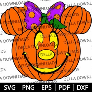 May include: Orange pumpkin-shaped graphic with a smiling face and a purple bow with yellow polka dots. The design includes the text "DELLA DOWNLOADS" and file type options: SVG, PNG, EPS, PDF, and DXF.