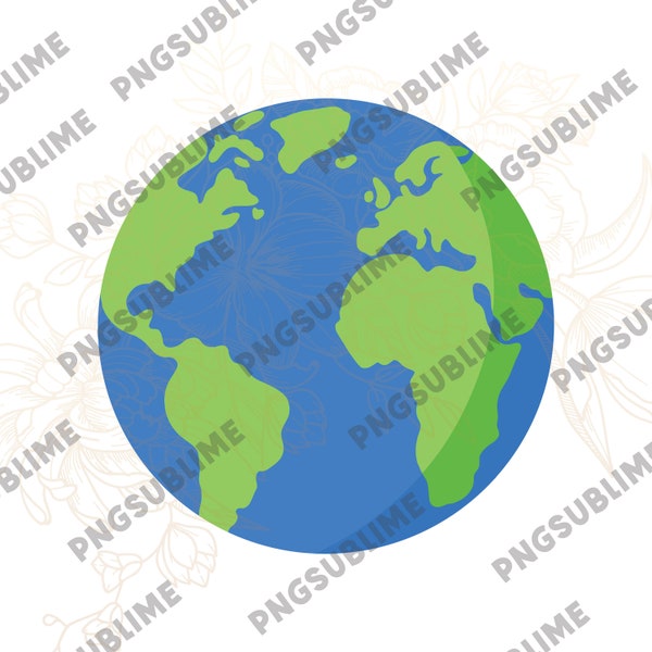 Earth World PNG for sublimation use DIGITAL Download hand drawn Clip art illustration map world green blue