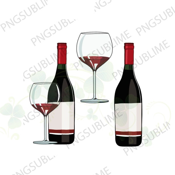 Wine bottle and glass PNG for sublimation use DIGITAL DOWNLOAD Transparent / Red Wine / Alcohol / Drinks / Hand drawn art cartoon