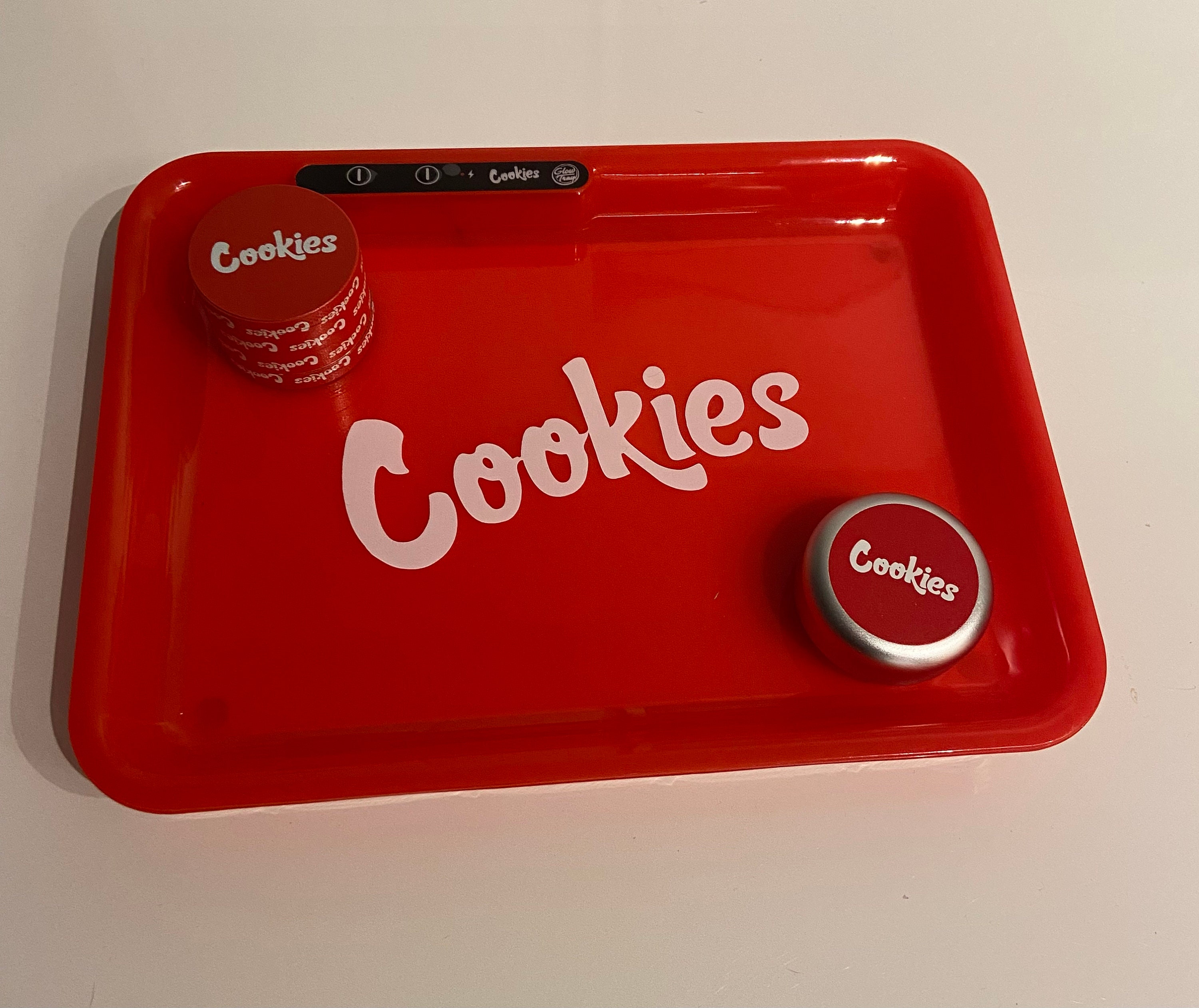 Red Cookies LED Glow Rolling Tray 8 X 11 3piece Set Grinderstash