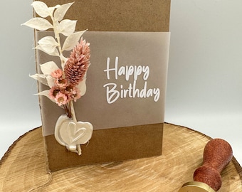 Karte mit Trockenblumen - Kraftpapierkarte - Geschenkkarte - Geburtstagskarte - Herz - klappbar - weiß - Happy Birthday - Hochzeitskarte